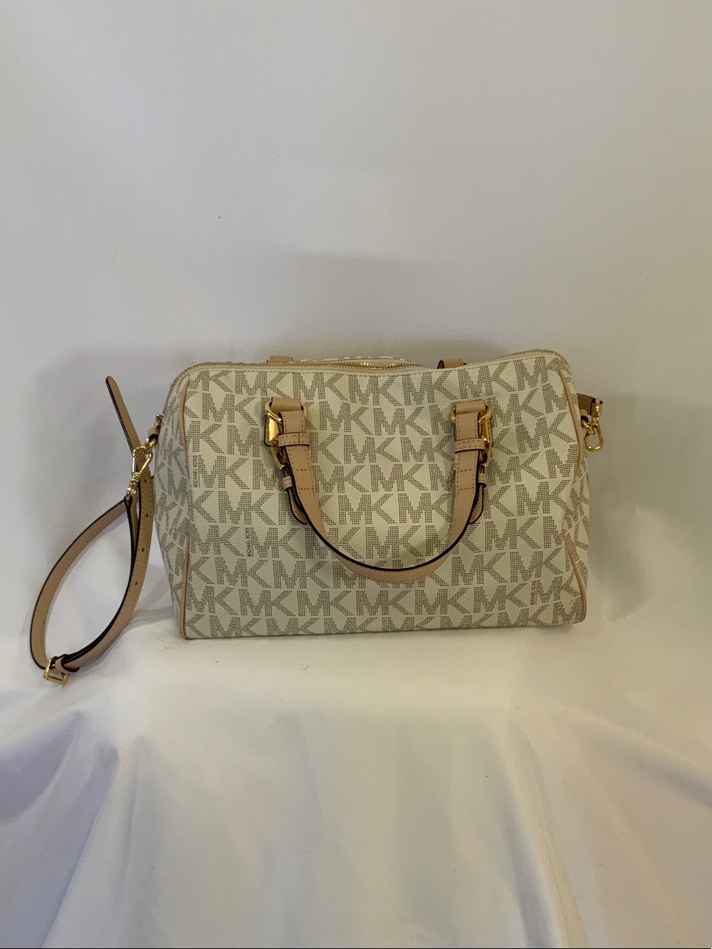 Michael Kors Cream/Tan MK Logo Satchel with Gold Hardware